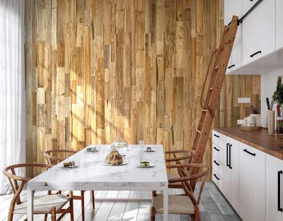 Kitchen interior with reclaimed wood wall design